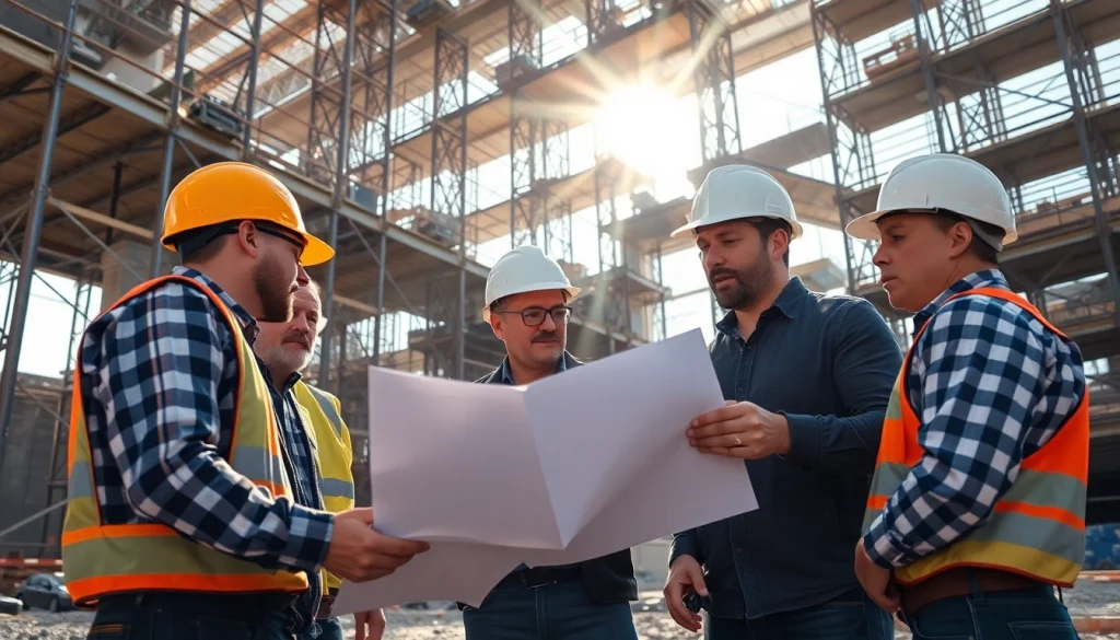 Careers in construction highlighted through professionals collaborating at a busy building site.