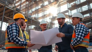 Careers in construction highlighted through professionals collaborating at a busy building site.