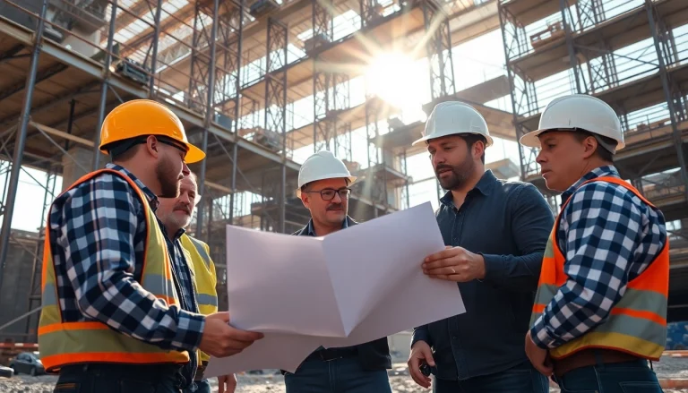 Careers in construction highlighted through professionals collaborating at a busy building site.