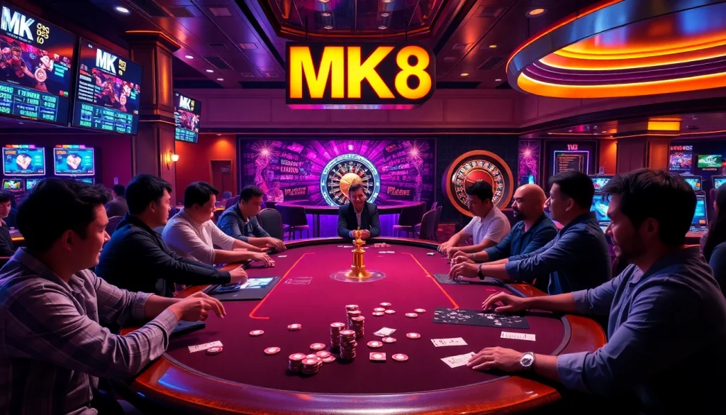 Players enjoying a thrilling poker game at MK8 casino with vibrant chips and a lively atmosphere.