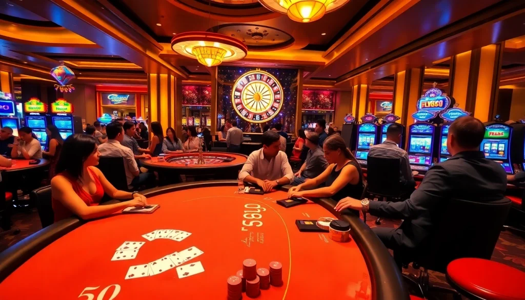 FLY88 casino scene featuring players at a blackjack table and vibrant atmosphere.