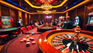 Experience thrilling gameplay at Man88 with vibrant casino elements like roulette and poker tables.