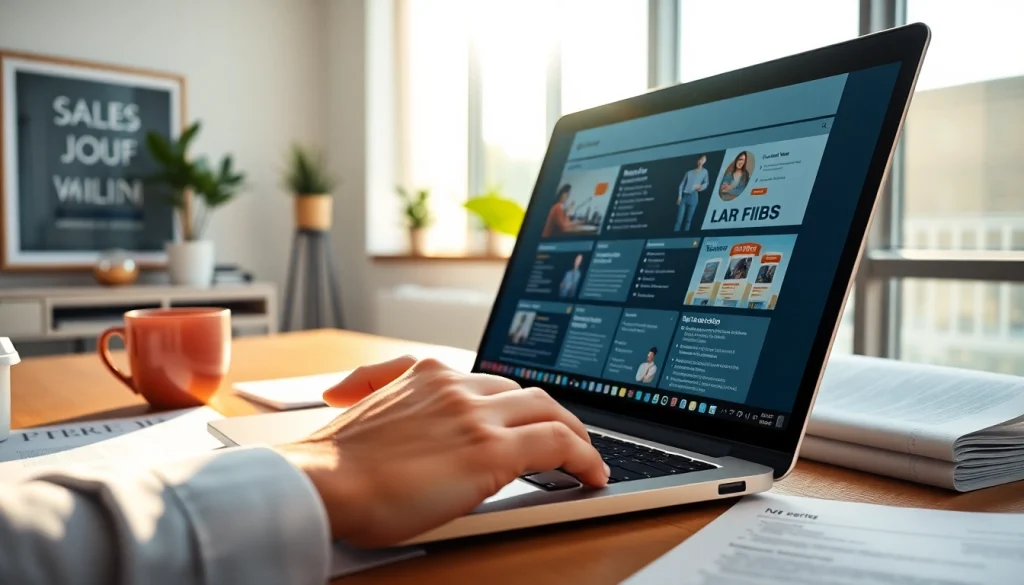 Navigate sales job boards with a focused job seeker in a modern workspace