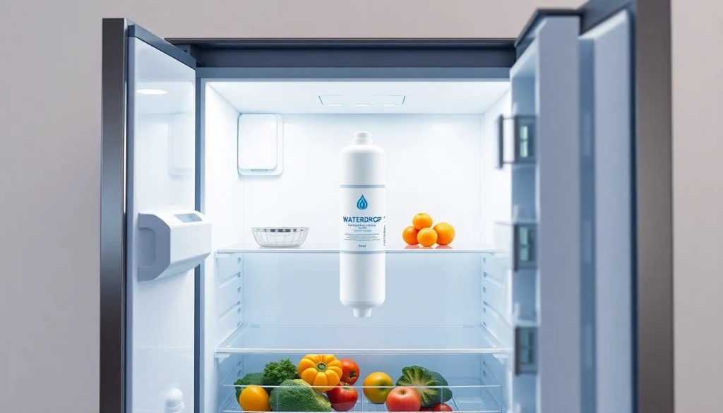Waterdrop 5231JA2002A Refrigerator Water Filter displayed in a modern fridge with fresh fruits.