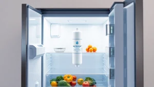 Waterdrop 5231JA2002A Refrigerator Water Filter displayed in a modern fridge with fresh fruits.