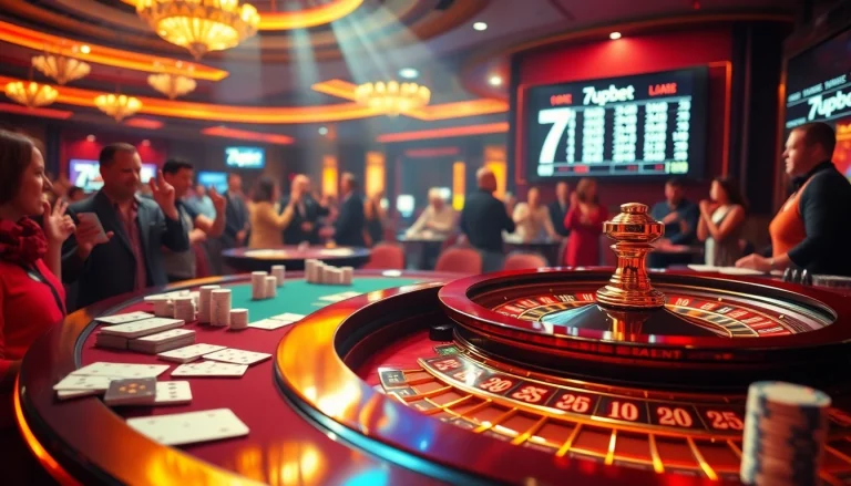 Players enjoying the thrilling casino experience at 7upbet with vibrant roulette tables and betting activities.
