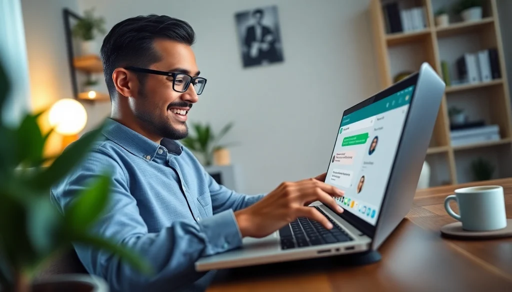 在现代家庭办公室中使用笔记本电脑访问 WhatsApp网页版的用户。