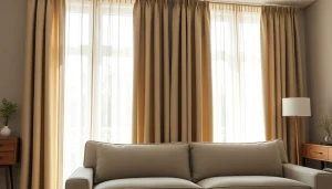 Verduisterende gordijnen in een stijlvolle woonkamer, die zonlicht effectief blokkeren.