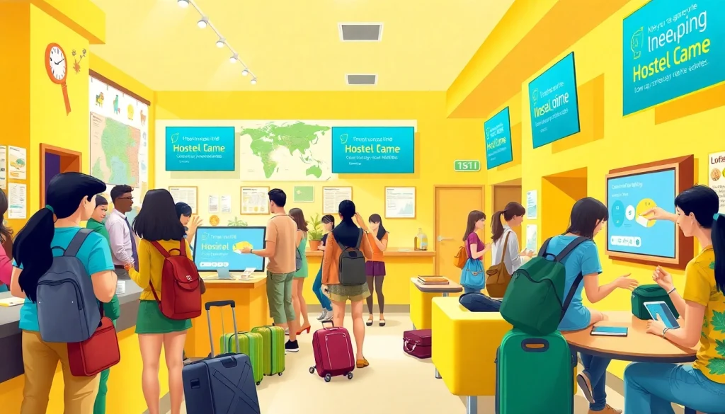 Check-in scene showcasing the Lowest rate guaranteed for hostels with travelers in a vibrant lobby.