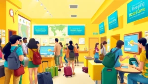 Check-in scene showcasing the Lowest rate guaranteed for hostels with travelers in a vibrant lobby.