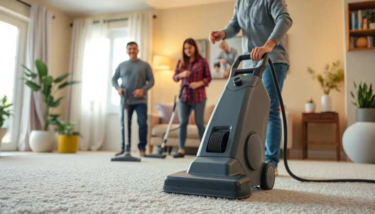 Local carpet cleaners efficiently rejuvenating a plush carpet in a sunny home environment.