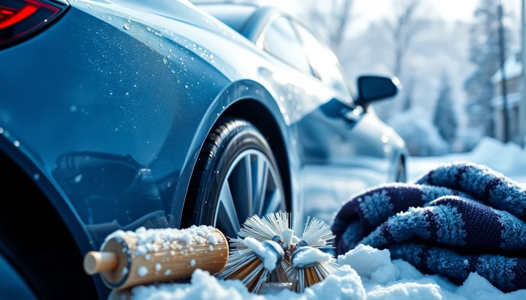 Winter car protection Chattanooga with a shiny vehicle in a snowy landscape.