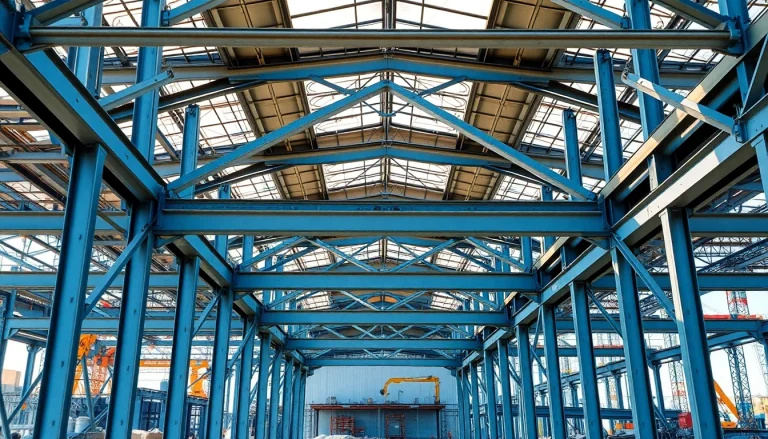 Illustrative steel structure design showcasing detailed construction elements in a vibrant industrial setting.