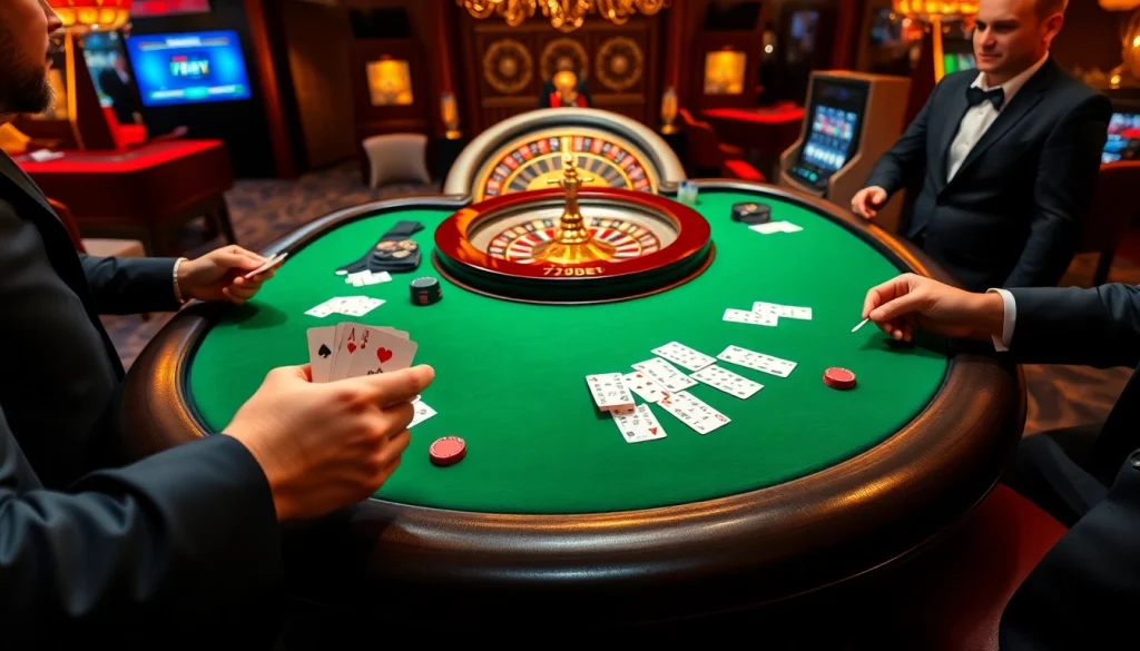 Exciting poker game at 7upbet with vibrant casino elements and professional players.