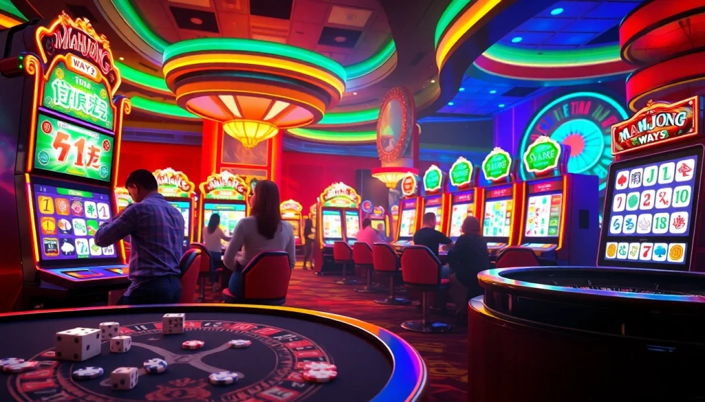 Experience Mahjong Ways 2 in a lively casino setting, with players engaged at slot machines surrounded by vibrant poker chips and illuminated roulette wheels.