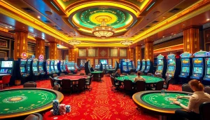 Experience thrilling gaming excitement at Nhà cái QQ88 with elegant casino tables and vibrant slot machines.