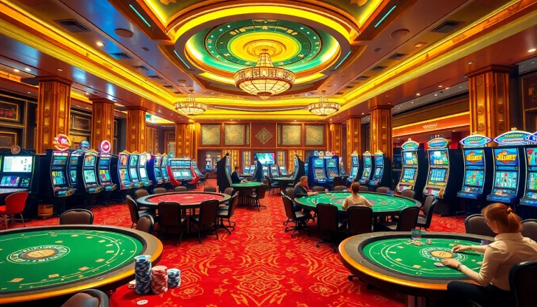 Experience thrilling gaming excitement at Nhà cái QQ88 with elegant casino tables and vibrant slot machines.