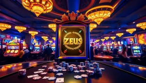 Rasakan putaran kemenangan pada mesin Slot Zeus yang dikelilingi oleh aksi kasino yang hidup.