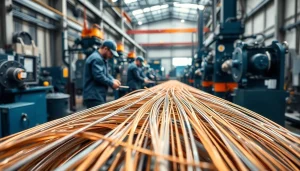Wire Manufacturer showcasing skilled workers and machinery in a bright workshop.