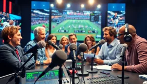 Dynamic scene of sports broadcasting showcasing live commentators and vibrant studio elements.