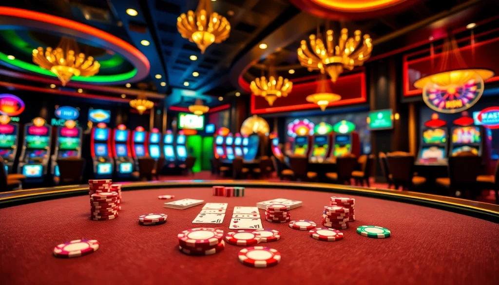 Engaging MM88 players at a luxurious casino table, surrounded by exciting games.