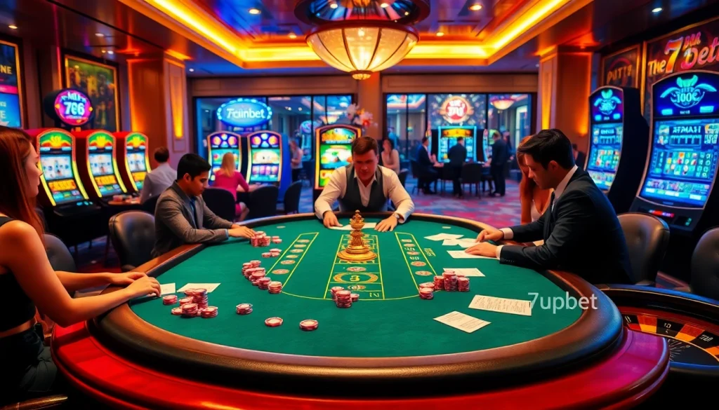 Experience the thrill of gambling at a luxurious table featuring 7upbet, exciting poker gameplay, and vibrant casino elements.