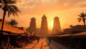 Piraminds rising majestically against a sunset backdrop in an ancient marketplace.