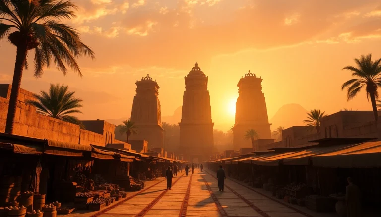 Piraminds rising majestically against a sunset backdrop in an ancient marketplace.