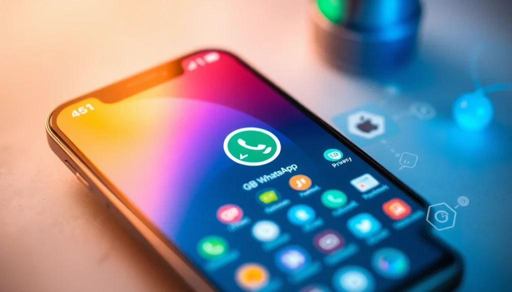 GB WhatsApp features visible on a smartphone screen, showcasing customization and privacy options.