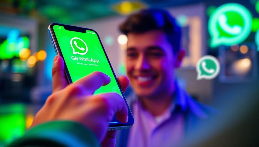 Showcase GB WhatsApp APK features on a smartphone, highlighting its vibrant themes and privacy options.