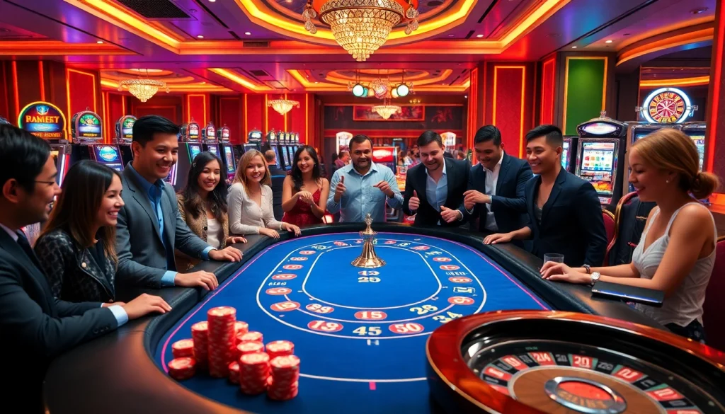 Players enjoying a thrilling BJ38 casino experience at a vibrant gaming table.