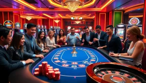 Players enjoying a thrilling BJ38 casino experience at a vibrant gaming table.