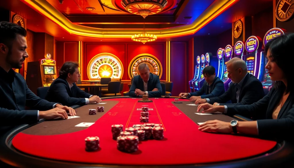 Players strategizing at a poker table in a vibrant casino, reflecting hidden wiki tor concepts.