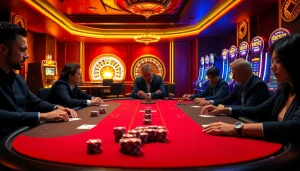 Players strategizing at a poker table in a vibrant casino, reflecting hidden wiki tor concepts.