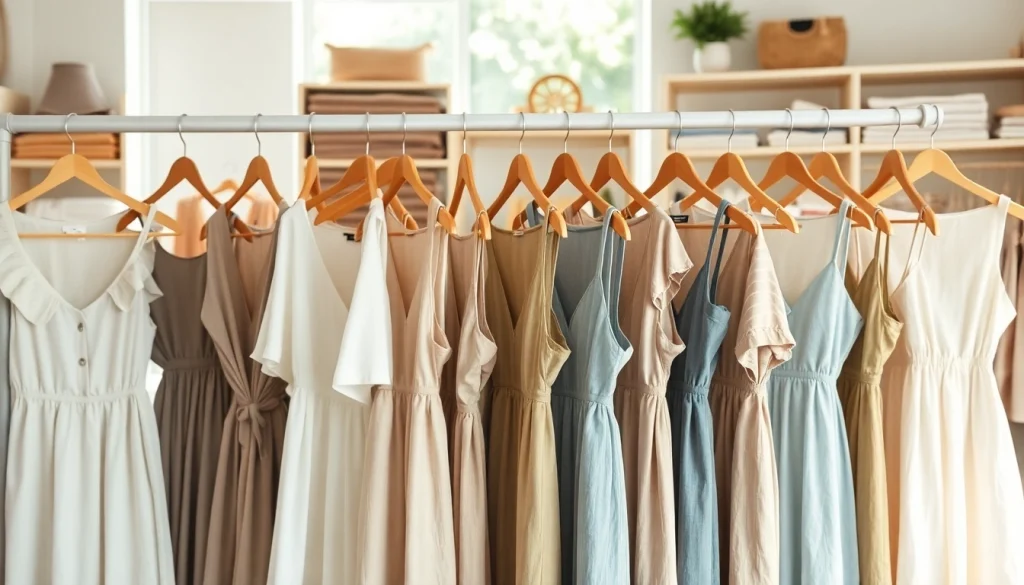 Linnen jurken in een stijlvolle boutique met pastelkleuren en natuurlijke verlichting.