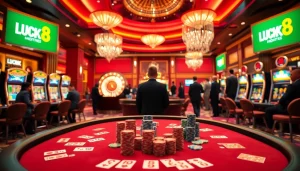Cảnh chơi casino hấp dẫn có bàn poker LUCK8 và các máy xèng sinh động.