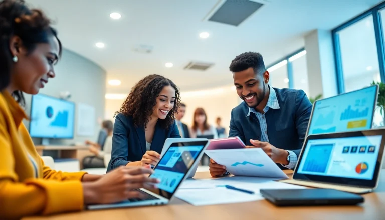 在现代工作空间中，展示多元化专业人士使用WPS下载进行协作的场景。