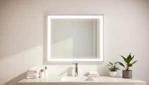 A stylish bathroom mirror with LED light illuminating a modern vanity setup.