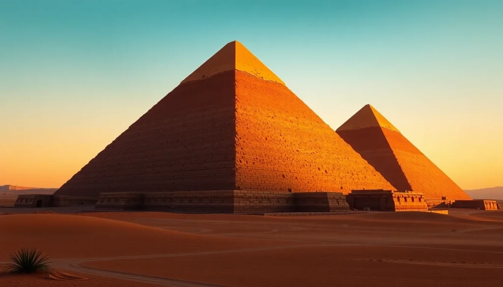 Discover the stunning majesty of the piraminds set against a dramatic sunset backdrop.