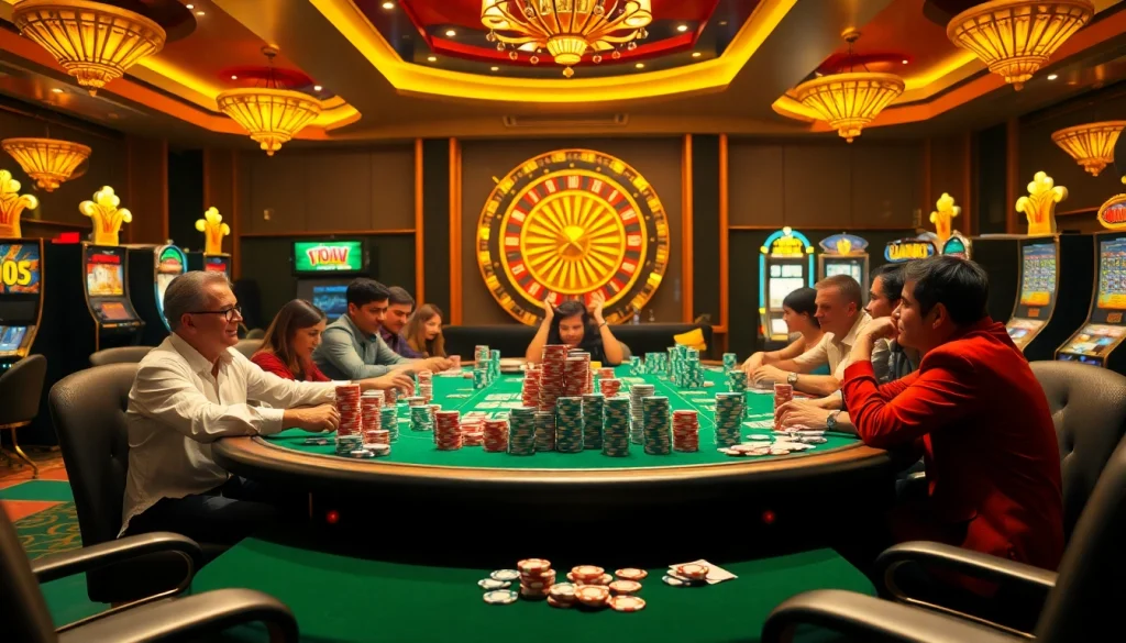 Pemain di meja poker mewah menemukan strategi Datukwin dengan chip dan kartu yang berwarna-warni.