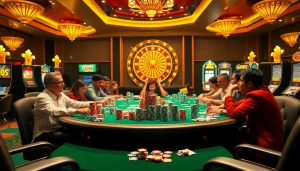 Pemain di meja poker mewah menemukan strategi Datukwin dengan chip dan kartu yang berwarna-warni.
