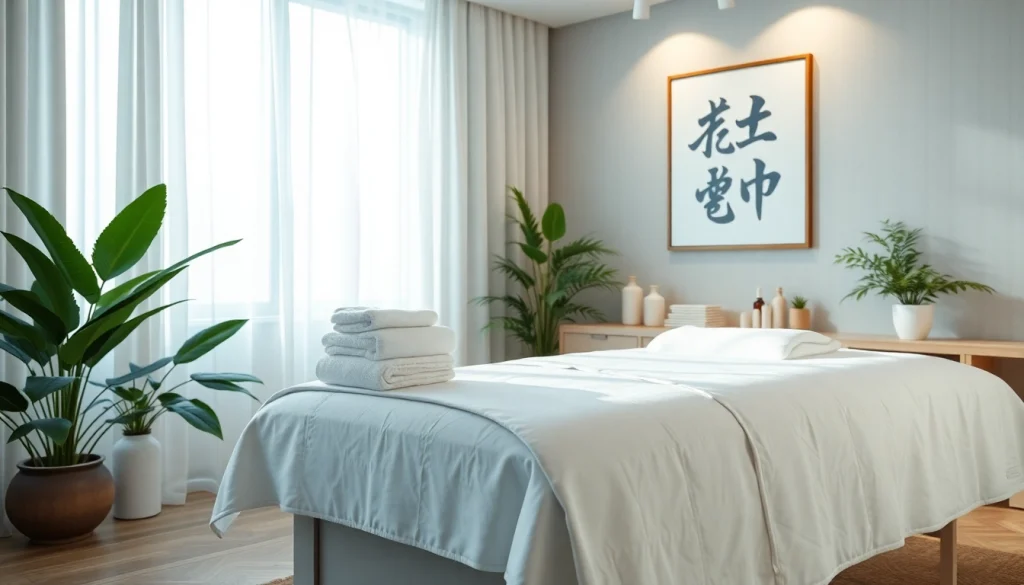 차분한 분위기의 출장마사지 치료실, 마사지 테이블 및 자연스러운 장식