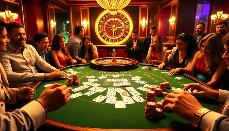 Players enjoying an exciting poker game at https://okwin68.net/ with vibrant chips, cards, and roulette.