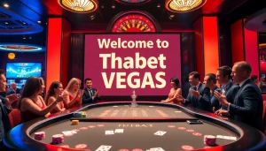 Engaging scene of players at a poker table at Thabet Vegas, showcasing chips and excitement.