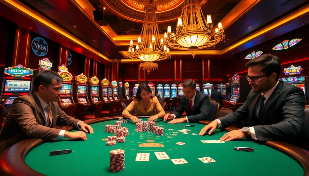 Experience the excitement at a bustling casino table with NK88 poker action.