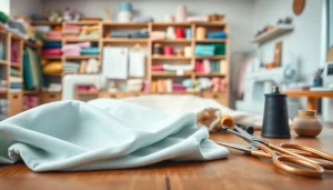 Ontdek tricot uni stoffen op een houten tafel, omringd door naai gereedschap.