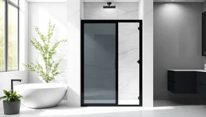 Showcase of a stylish black shower sliding door, emphasizing its modern design and sleek features.