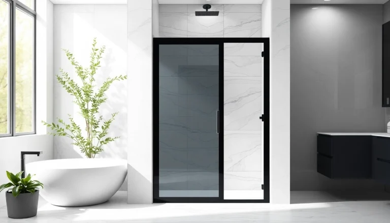 Showcase of a stylish black shower sliding door, emphasizing its modern design and sleek features.