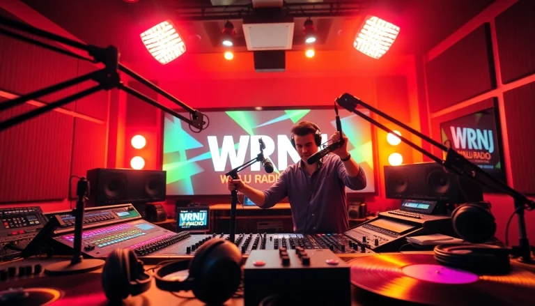 WRNJ Radio DJ engaging in lively broadcasting in a vibrant studio.