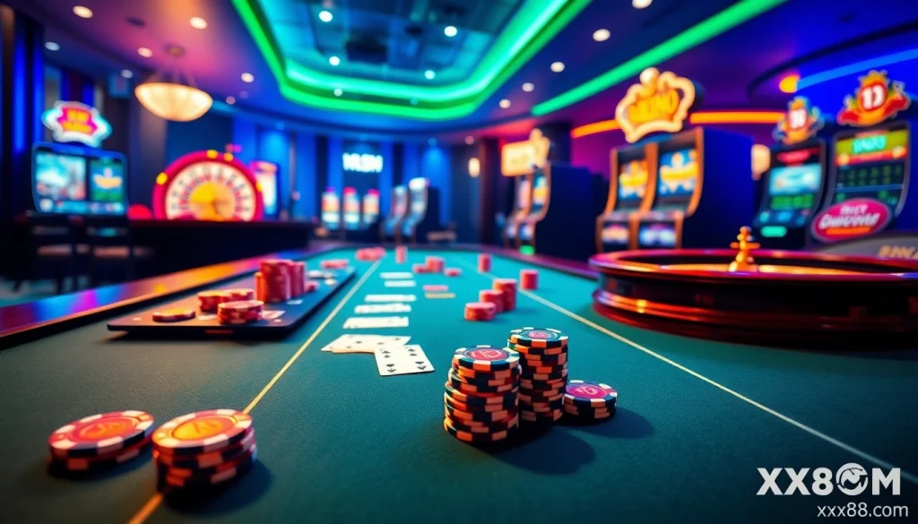 A thrilling poker game at xx88 com with vibrant chips and cards on a sleek table.